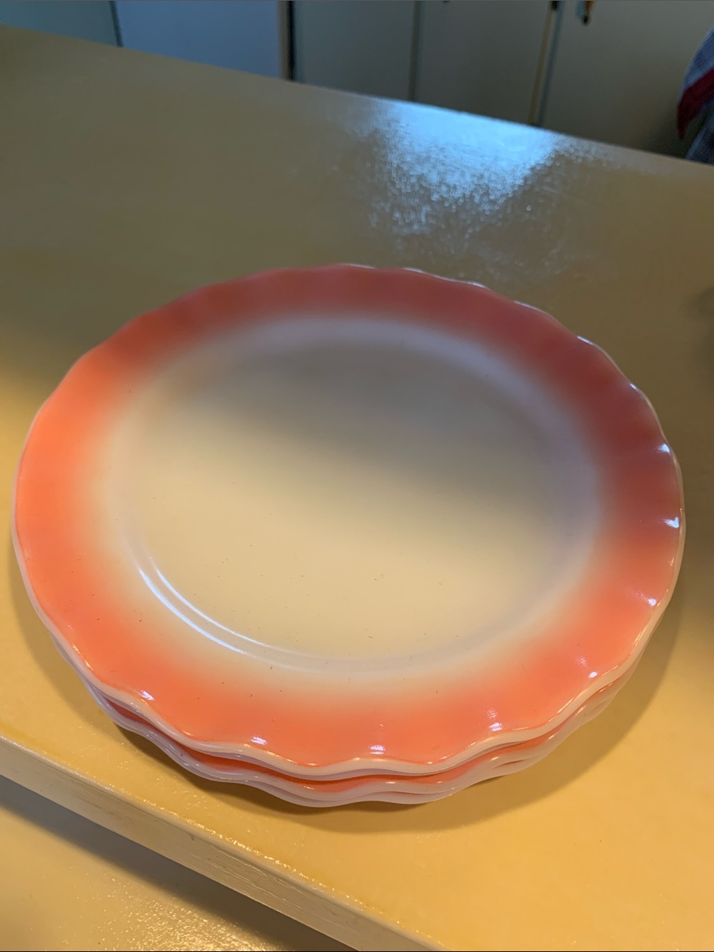 Hazel-Atlas Pink & White Milk Glass Ruffled Luncheon Plates – Set of 4 – 9"